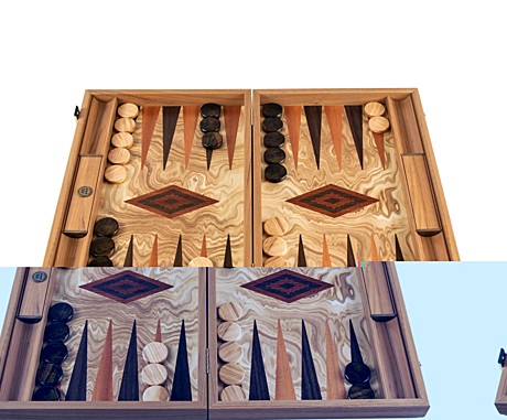 BACKGAMMON	Нарды с боковыми стойками, корень оливы, венге и махогон, 38х23 см ручная работа