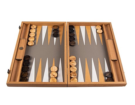 BACKGAMMON	Нарды с боковыми стойками, бежевый с серым, эко-кожа под страуса, 48x30 см, ручная работа