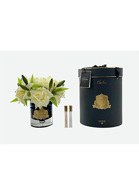 ROSES&LILIES BLACK GLASS CHAMPAGNE	Букет розы и лилии,  2 спрея по 10 мл,  ВхШхД  32х26х26 см